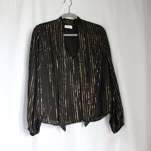 NWT Sage The Label All That Glitters Blouse Tie Neck Silver Gold Black Long Slv